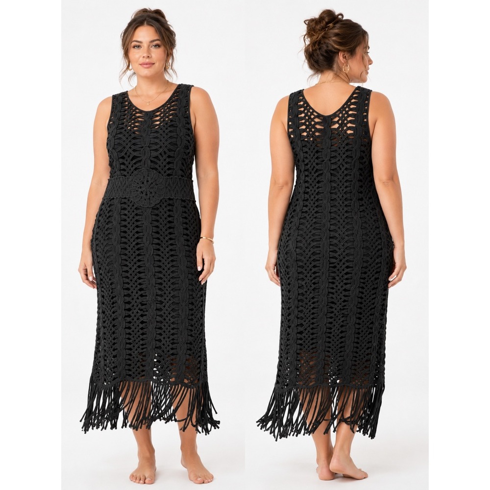 Boston Proper Dress Womens XL Black Excellent Bohemian Resortwear Fringe Macrame